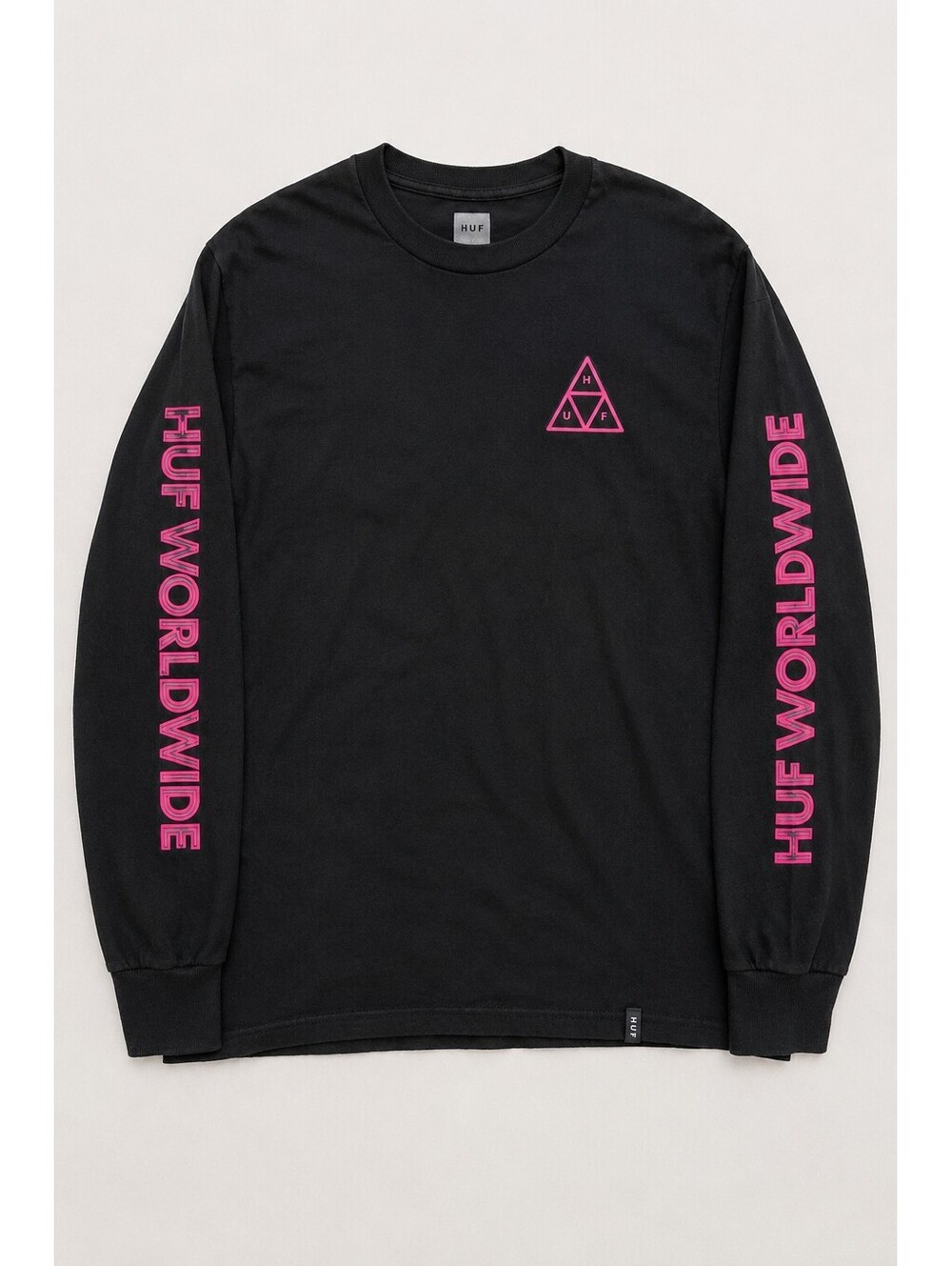 HUF Worldwide Men’s L Black Pink Triple Triangle Graphic Long Sleeve Shirt